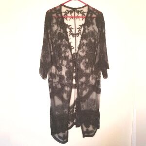 Coco+Carmen black cotton lace tie front duster sheer mesh